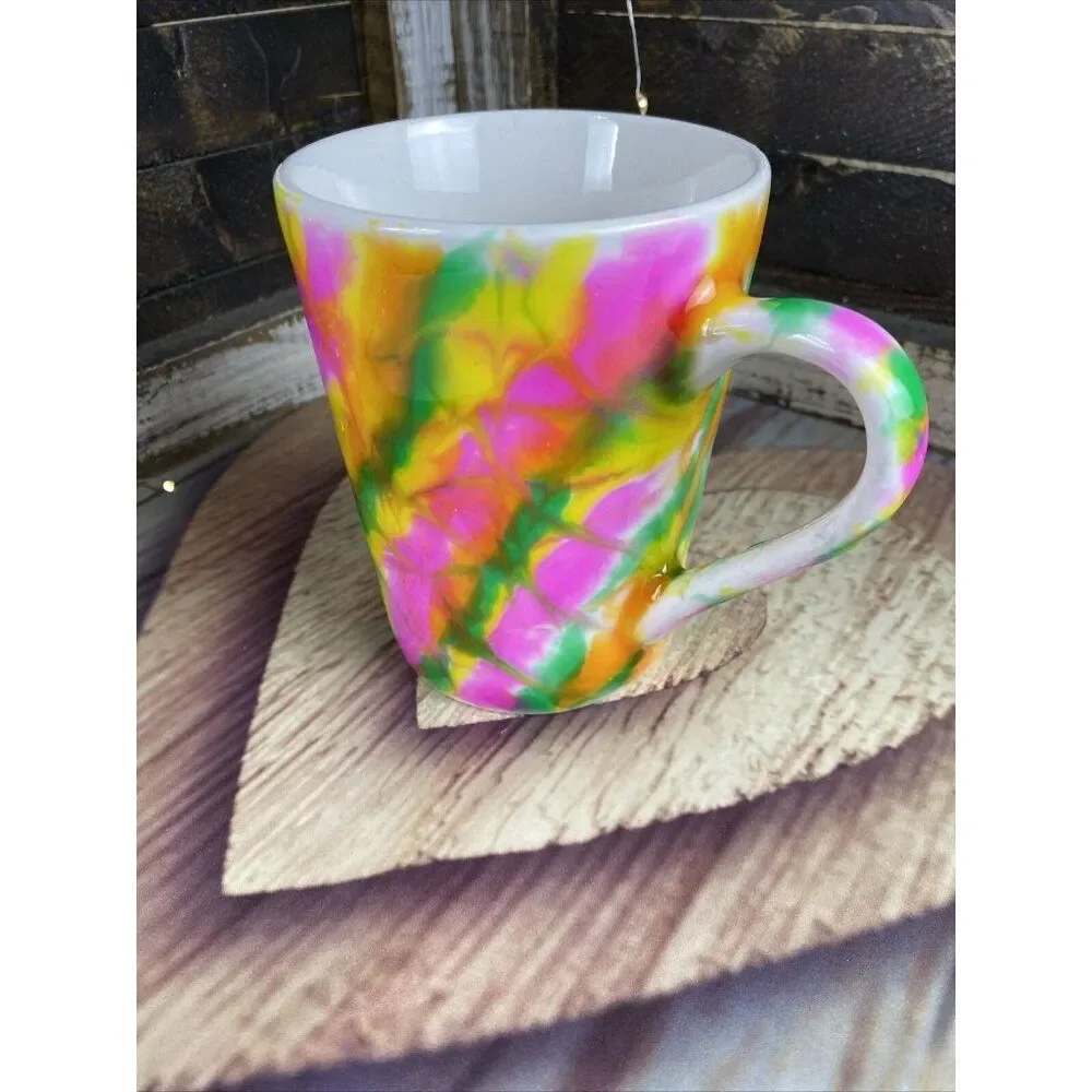 Neon Colors Tie Dye Style Coffee Tea Cup Mug Handmade Epoxy Resin Mug 14 oz